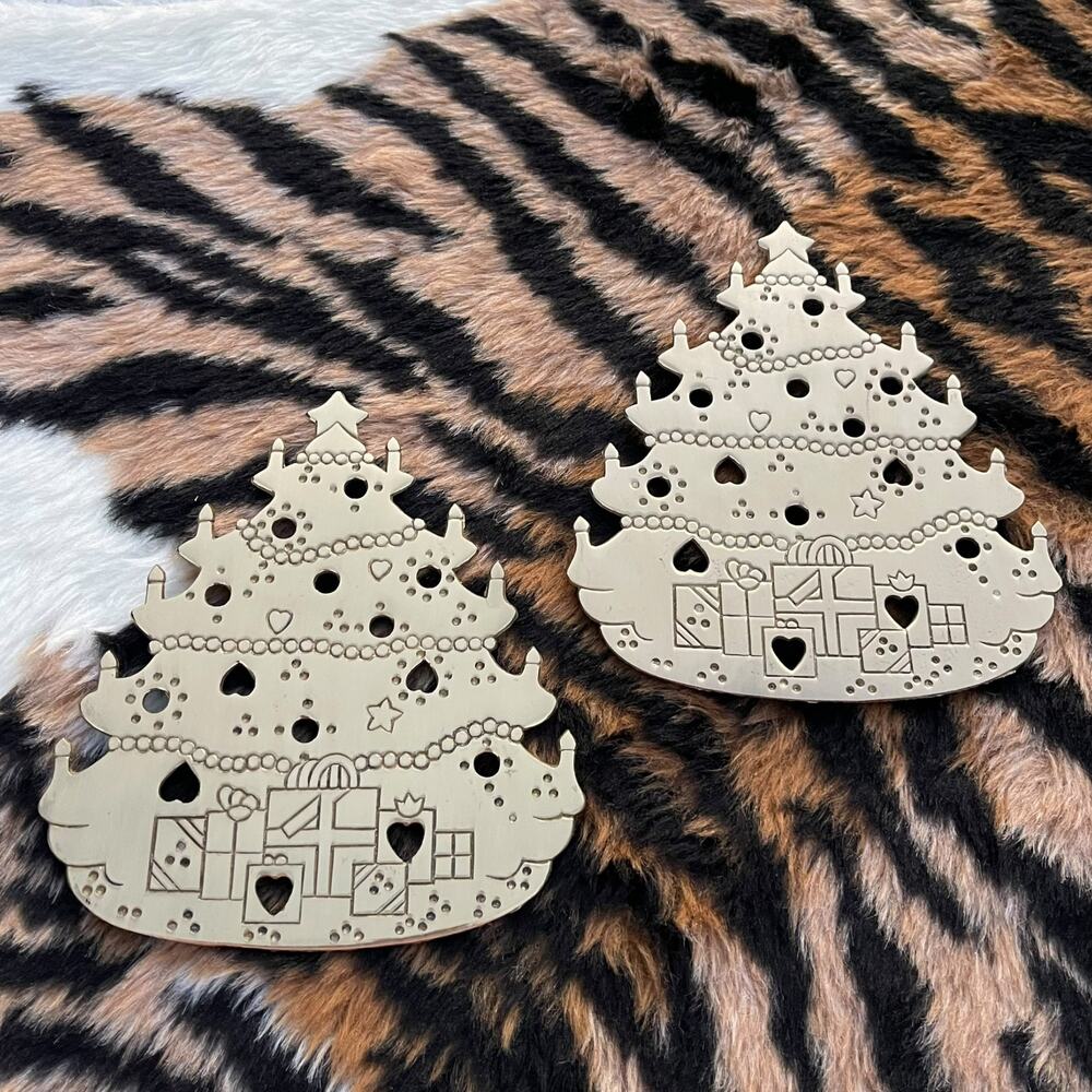 Vintage Lilian Vernon Christmas Tree Trivets Set 2 Brass Tone Taiwan Holiday